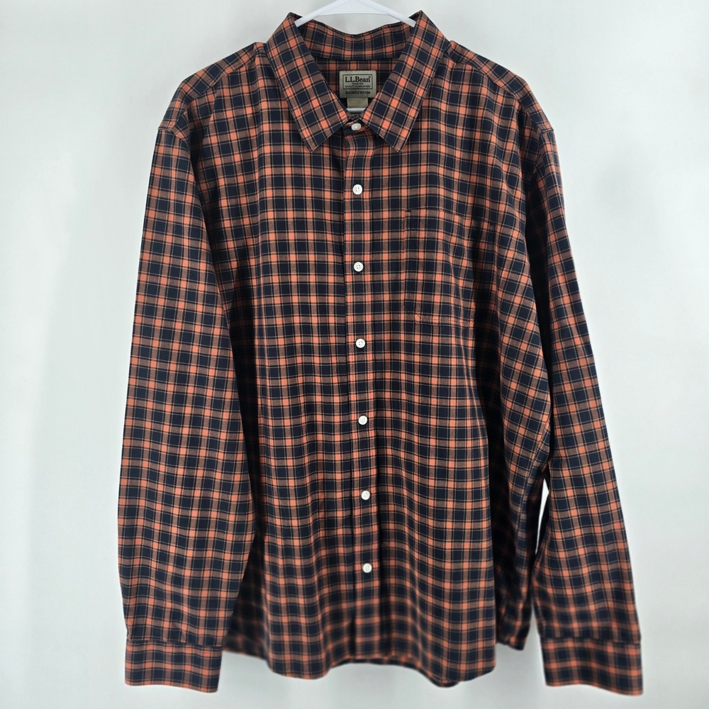 L.L. Bean Button Down Shirt Mens XL Orange Navy Plaid Slightly Fitted - Picture 5 of 16
